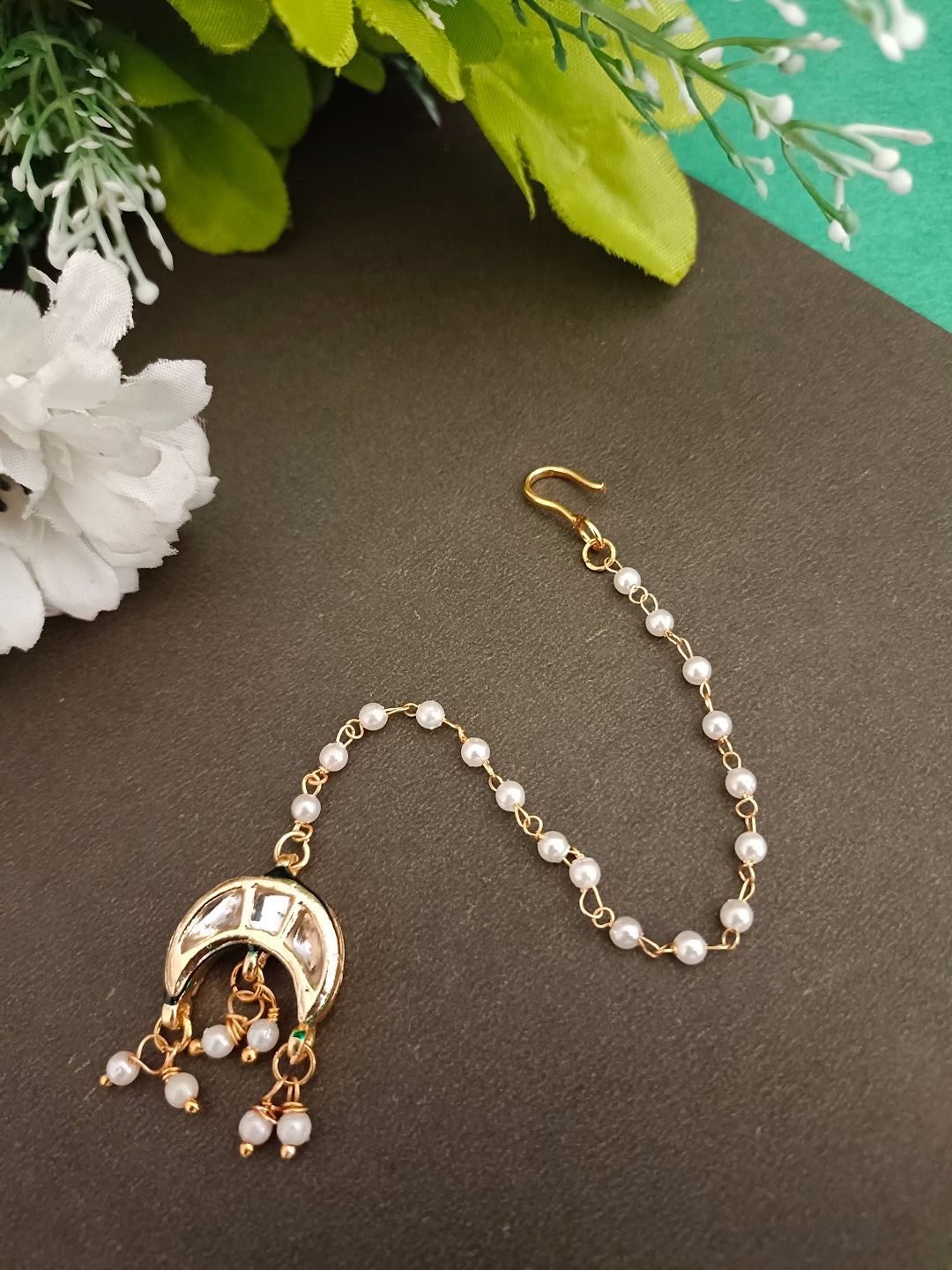 Gold Plated Kundan Studded  Cresent Moon Maang Tikka For Women Girls
