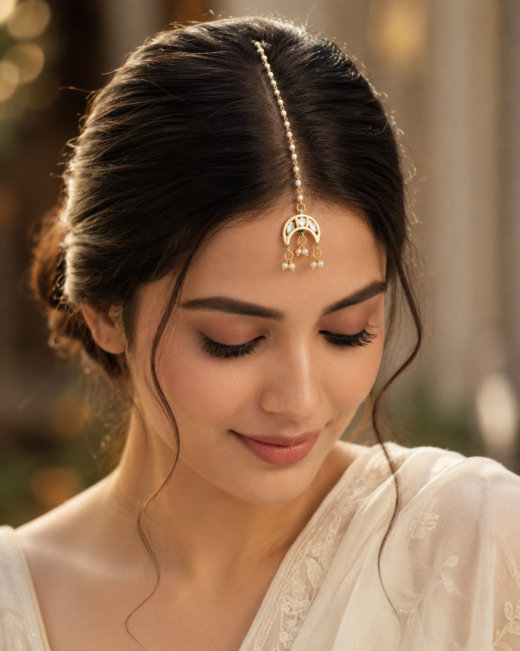 Gold Plated Kundan Studded  Cresent Moon Maang Tikka For Women Girls