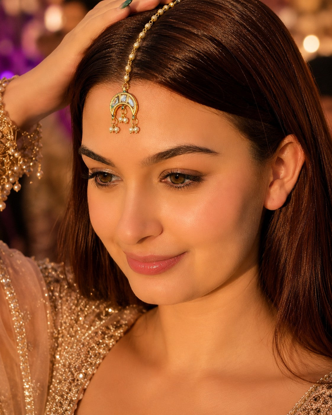 Gold Plated Kundan Studded  Cresent Moon Maang Tikka For Women Girls