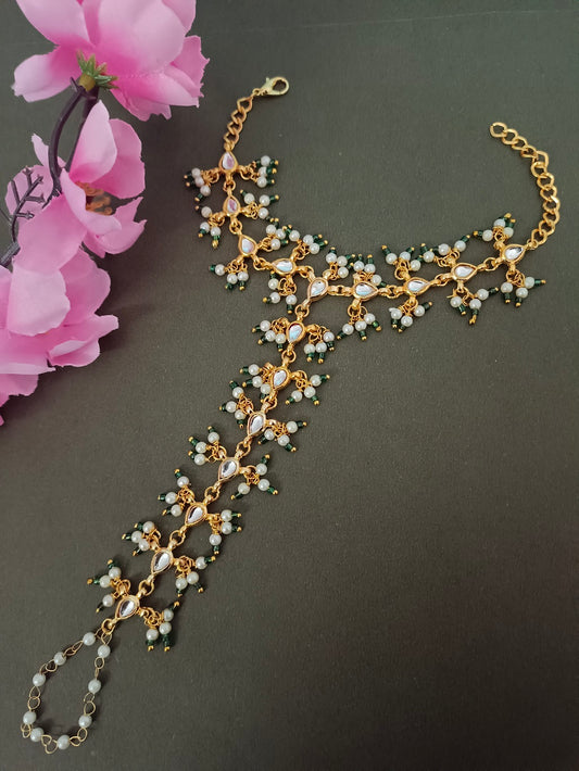 Gold-Plated Kundan Studded Meenakari Ring Hathphool Pearl Bracelets