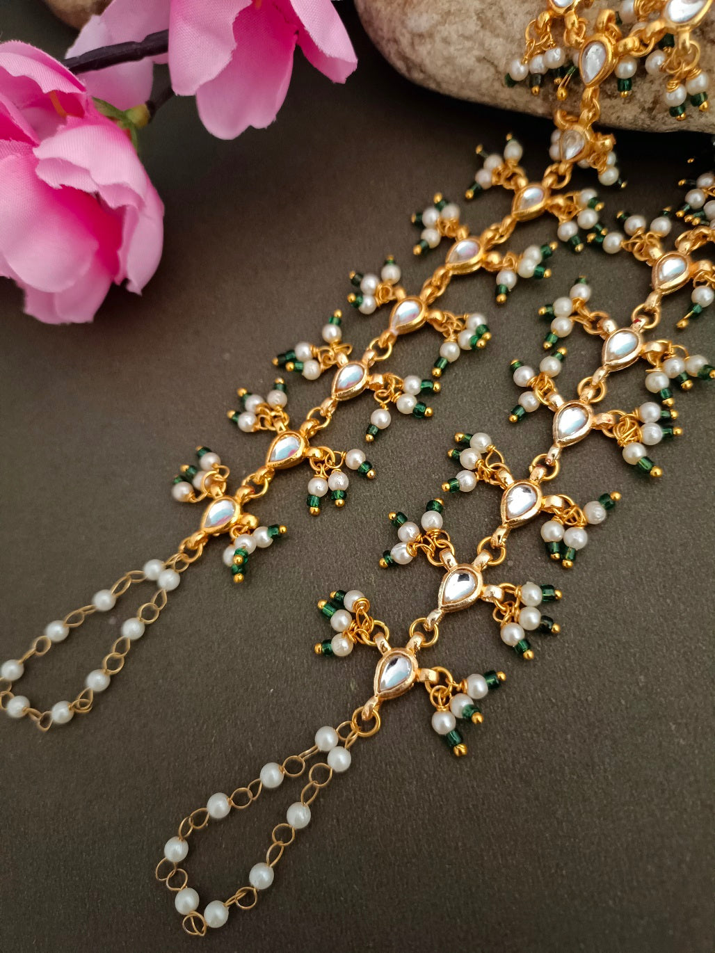 Set Of 2 Gold-Plated Kundan Studded Meenakari Ring Hathphool Pearl Bracelets