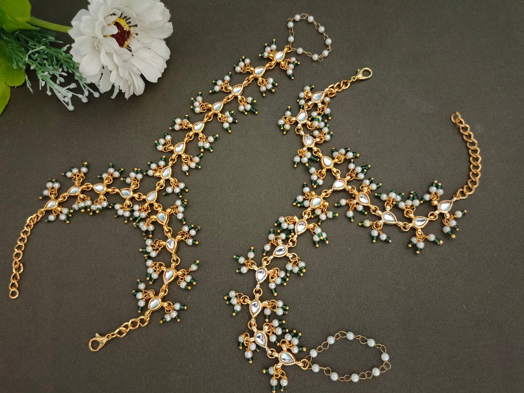 Set Of 2 Gold-Plated Kundan Studded Meenakari Ring Hathphool Pearl Bracelets