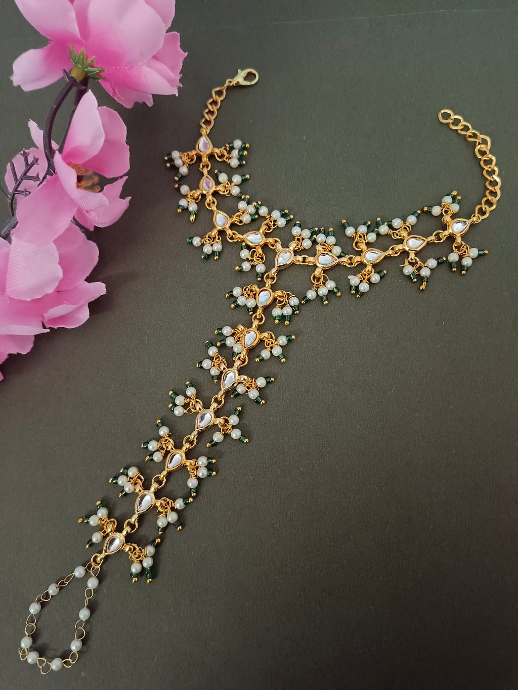 Set Of 2 Gold-Plated Kundan Studded Meenakari Ring Hathphool Pearl Bracelets