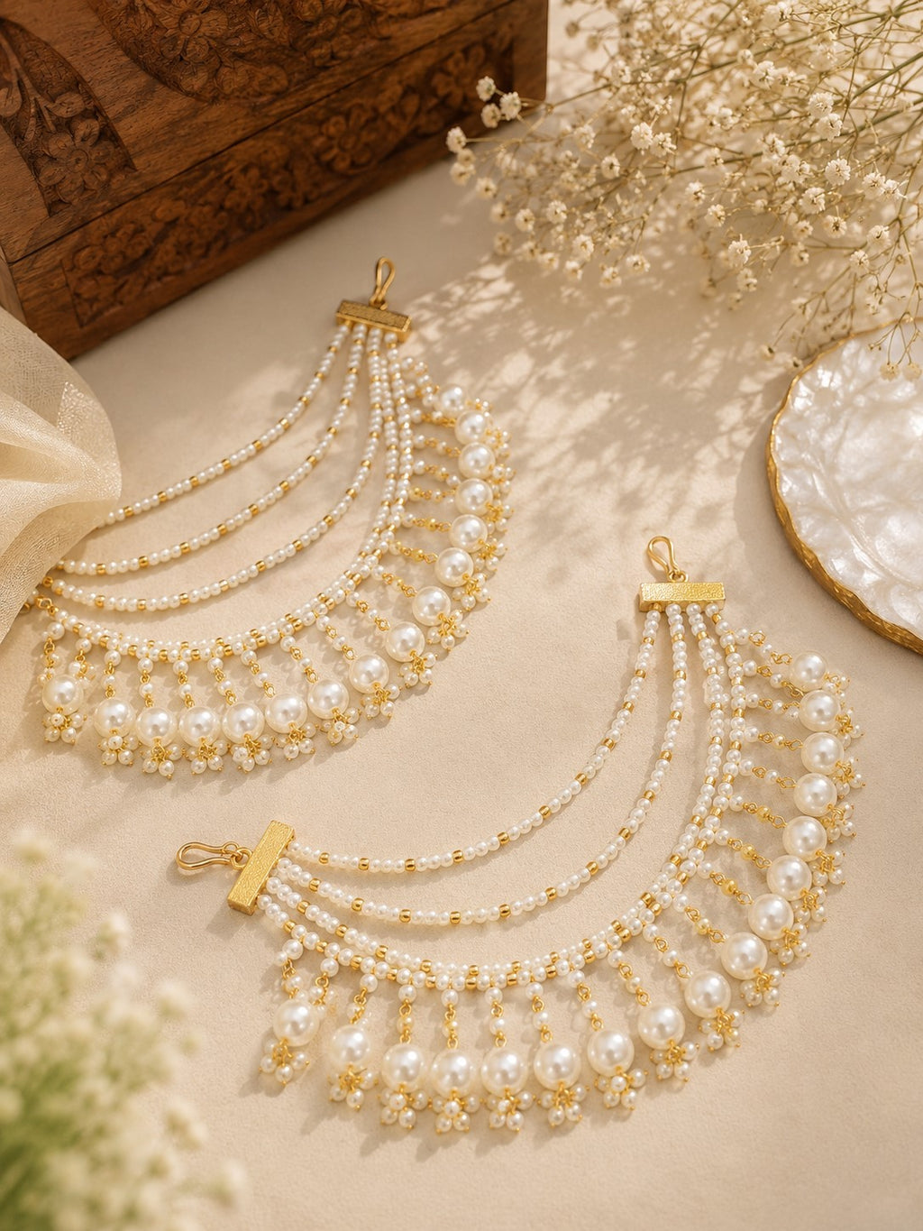 Gold-Plated Pearls Studded Layered Ear Chain With Pearl Drops Earrings