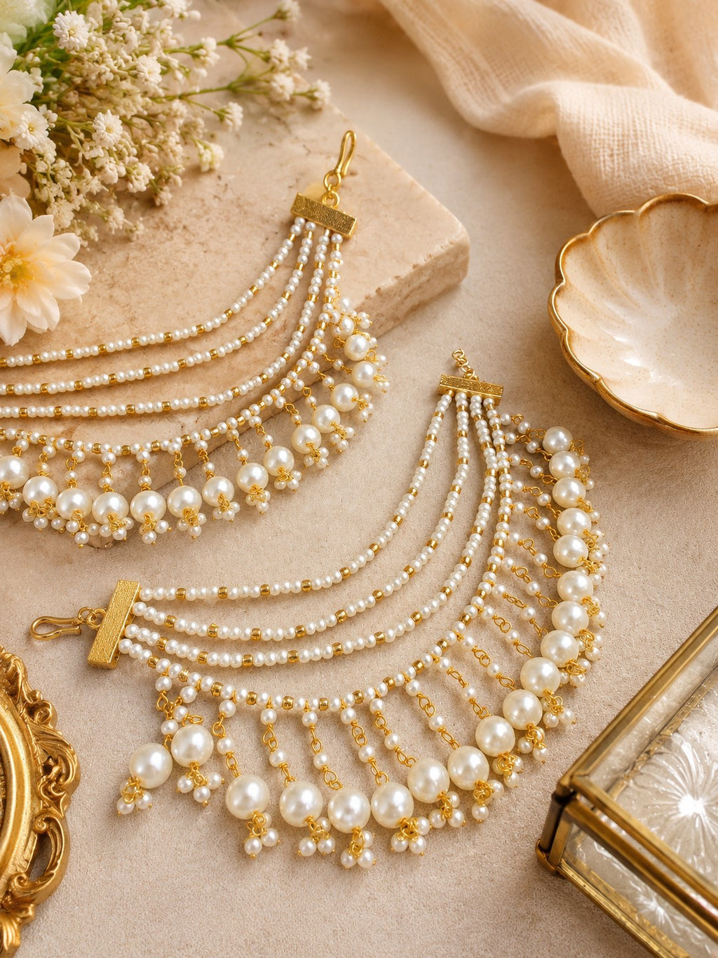 Gold-Plated Pearls Studded Layered Ear Chain With Pearl Drops Earrings