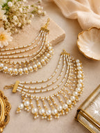 Gold-Plated Pearls Studded Layered Ear Chain With Pearl Drops Earrings