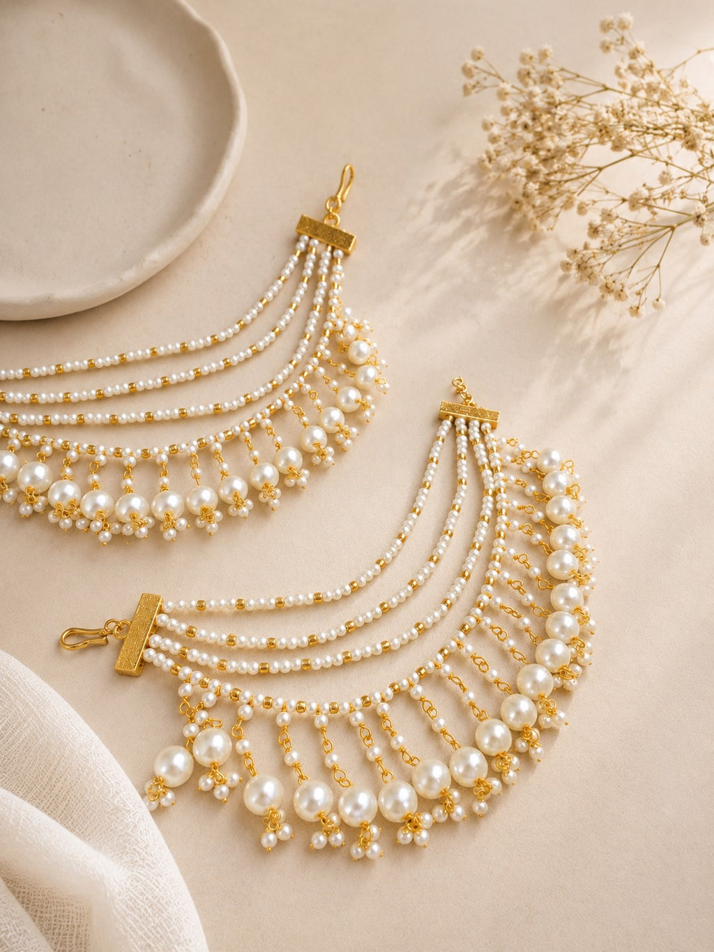 Gold-Plated Pearls Studded Layered Ear Chain With Pearl Drops Earrings
