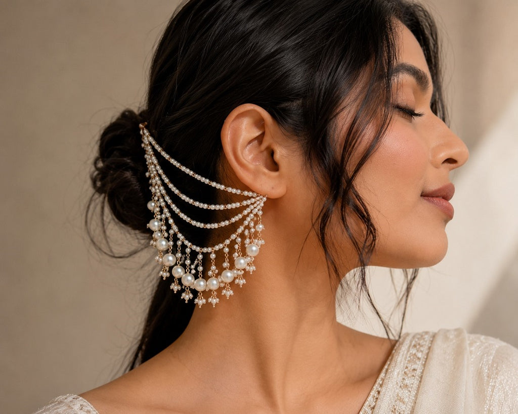 Gold-Plated Pearls Studded Layered Ear Chain With Pearl Drops Earrings