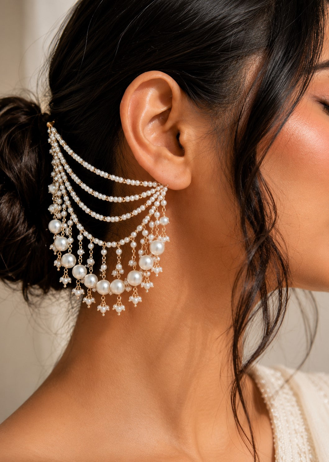 Gold-Plated Pearls Studded Layered Ear Chain With Pearl Drops Earrings