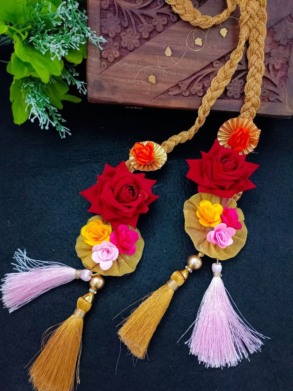 Lace & Gota Flower Choti Paranda Ponytail Braid Holder – Gold & Pink Tassel