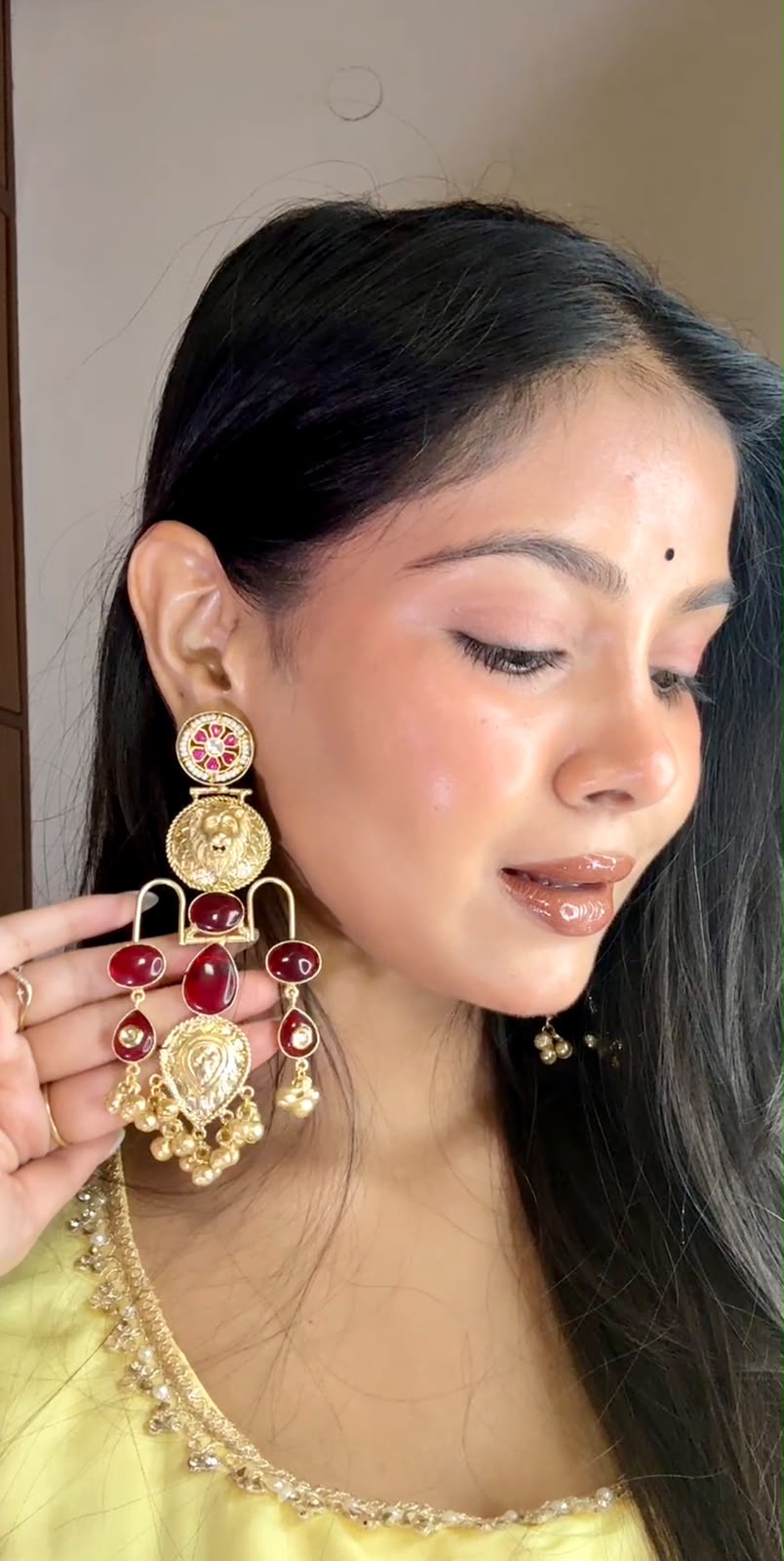 Gold Pachi Kundan Ghungroo Tiger Design Kashmiri Brass Plated Earrings