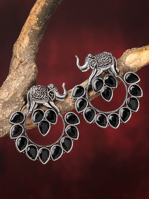 German Silver Oxidized Stone Studded Drop Elephant Earrings