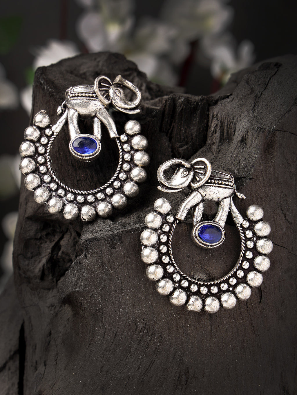 German Silver Oxidized Stone Studded Drop Elephant Earrings
