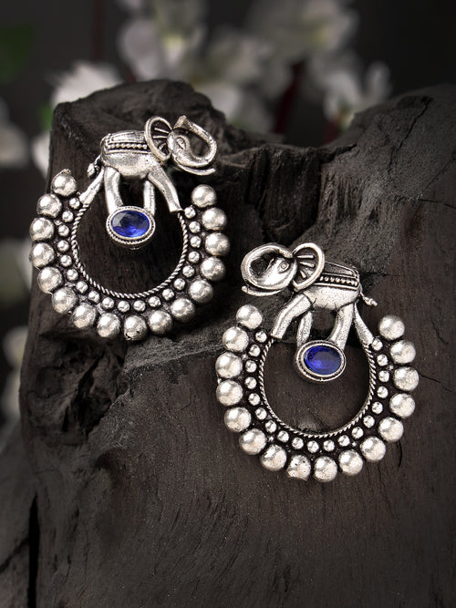 German Silver Oxidized Stone Studded Drop Elephant Earrings