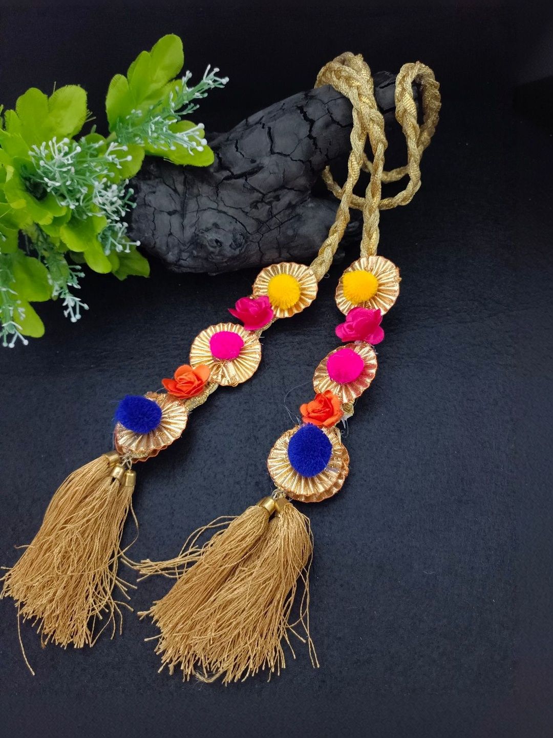 Lace & Gota Choti Paranda Ponytail Braid Holder – Gold & Multicolour Pom-Pom