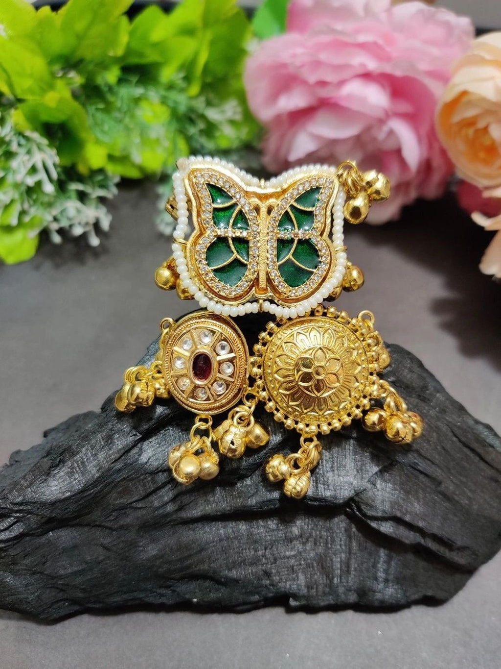 Gold-Plated Kundan Butterfly Adjustable Ghungroo Finger Ring – Green