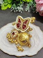 Gold-Plated Kundan Butterfly Adjustable Ghungroo Finger Ring – Red