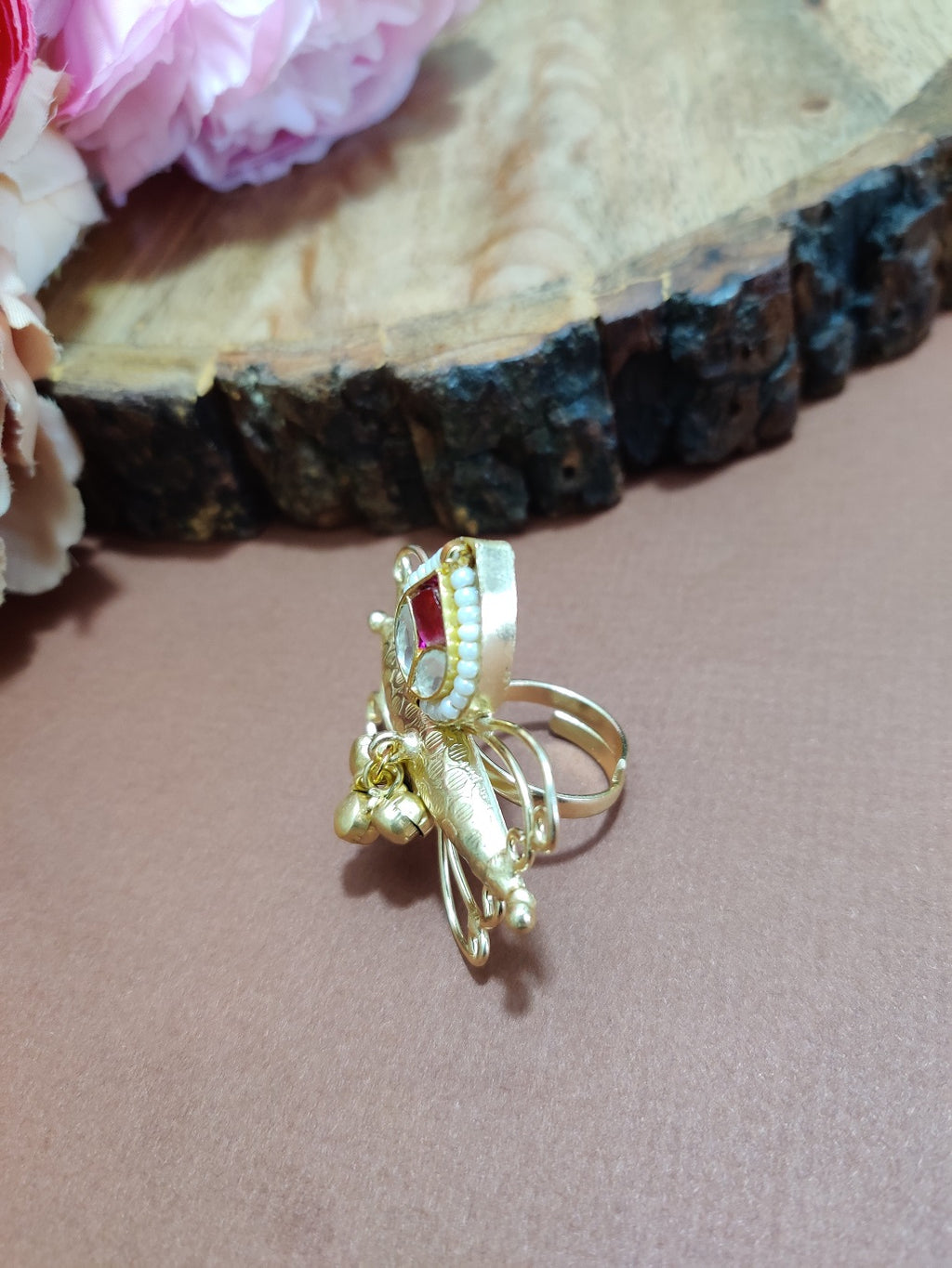 Brass-Plated Pachi Kundan Butterfly Design Adjustable Finger Ring