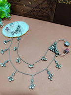 Silver-Plated Pink Floral Ear Cuff Earrings with Hair Chain