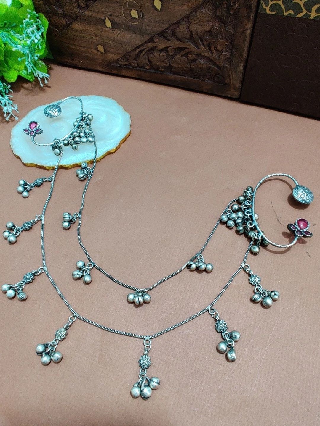 Silver-Plated Pink Floral Ear Cuff Earrings with Hair Chain