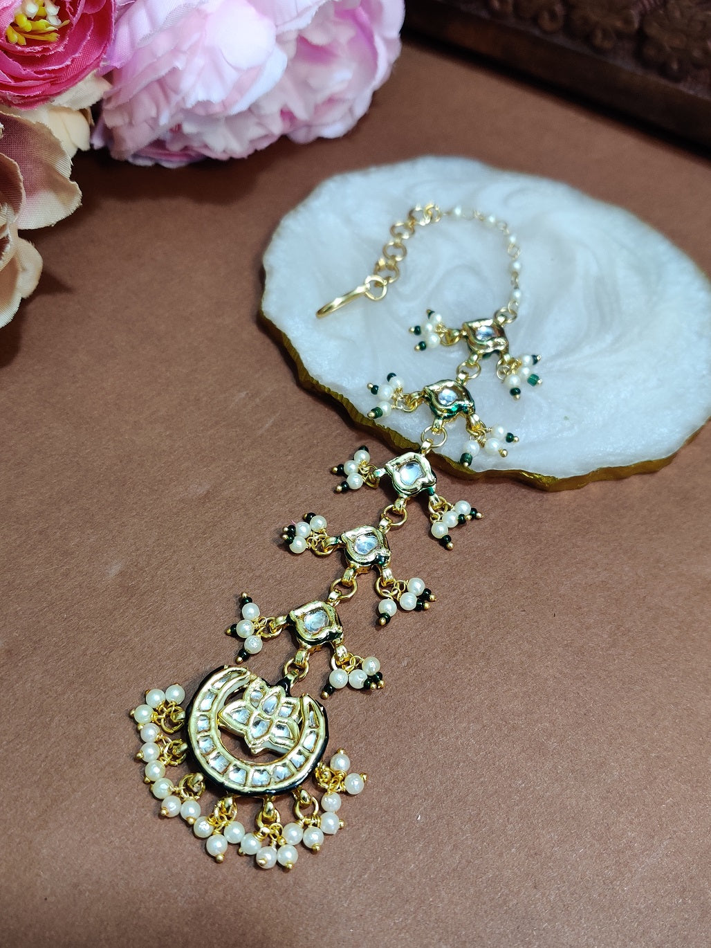 Gold Plated Kundan Studded Chandbali Earrings and Maang Tiika Jewellery Set