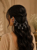 Silver-Plated Pink Floral Ear Cuff Earrings with Hair Chain