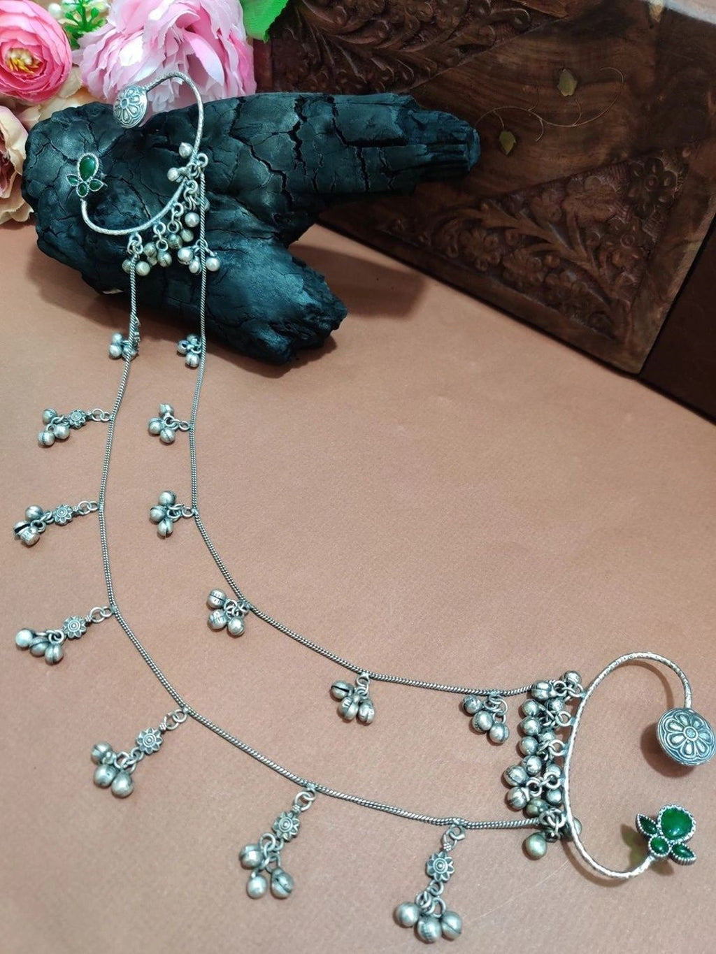 Silver-Plated Green Floral Ear Cuff Earrings with Hair Chain