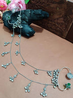 Silver-Plated Green Floral Ear Cuff Earrings with Hair Chain