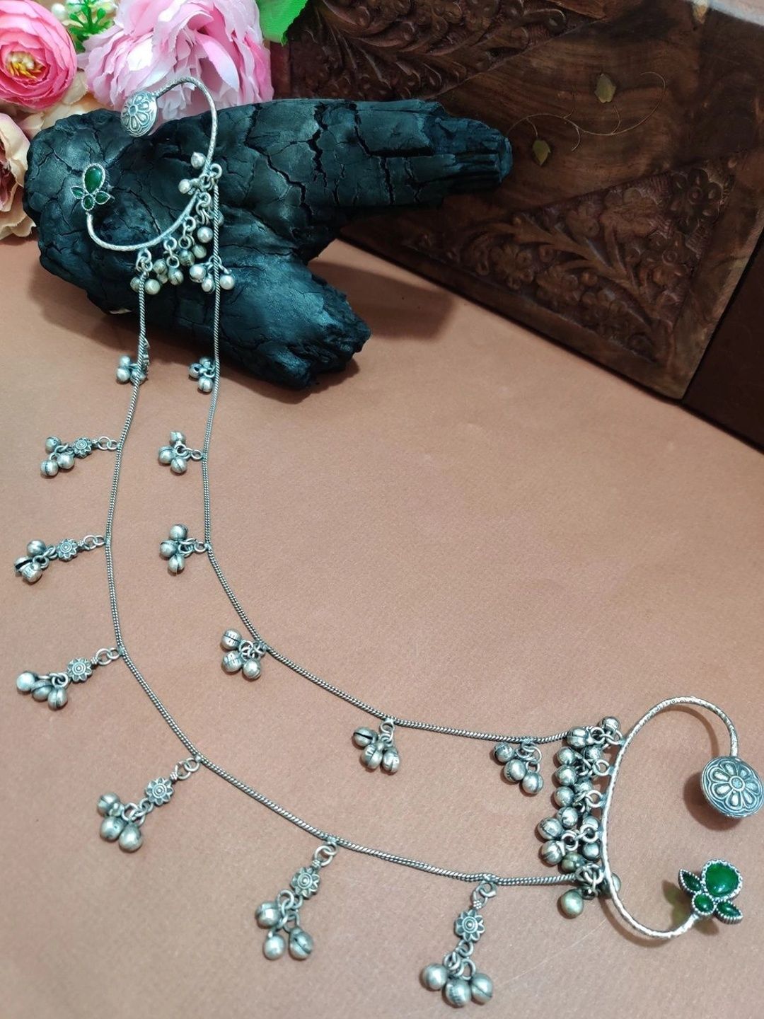 Silver-Plated Green Floral Ear Cuff Earrings with Hair Chain