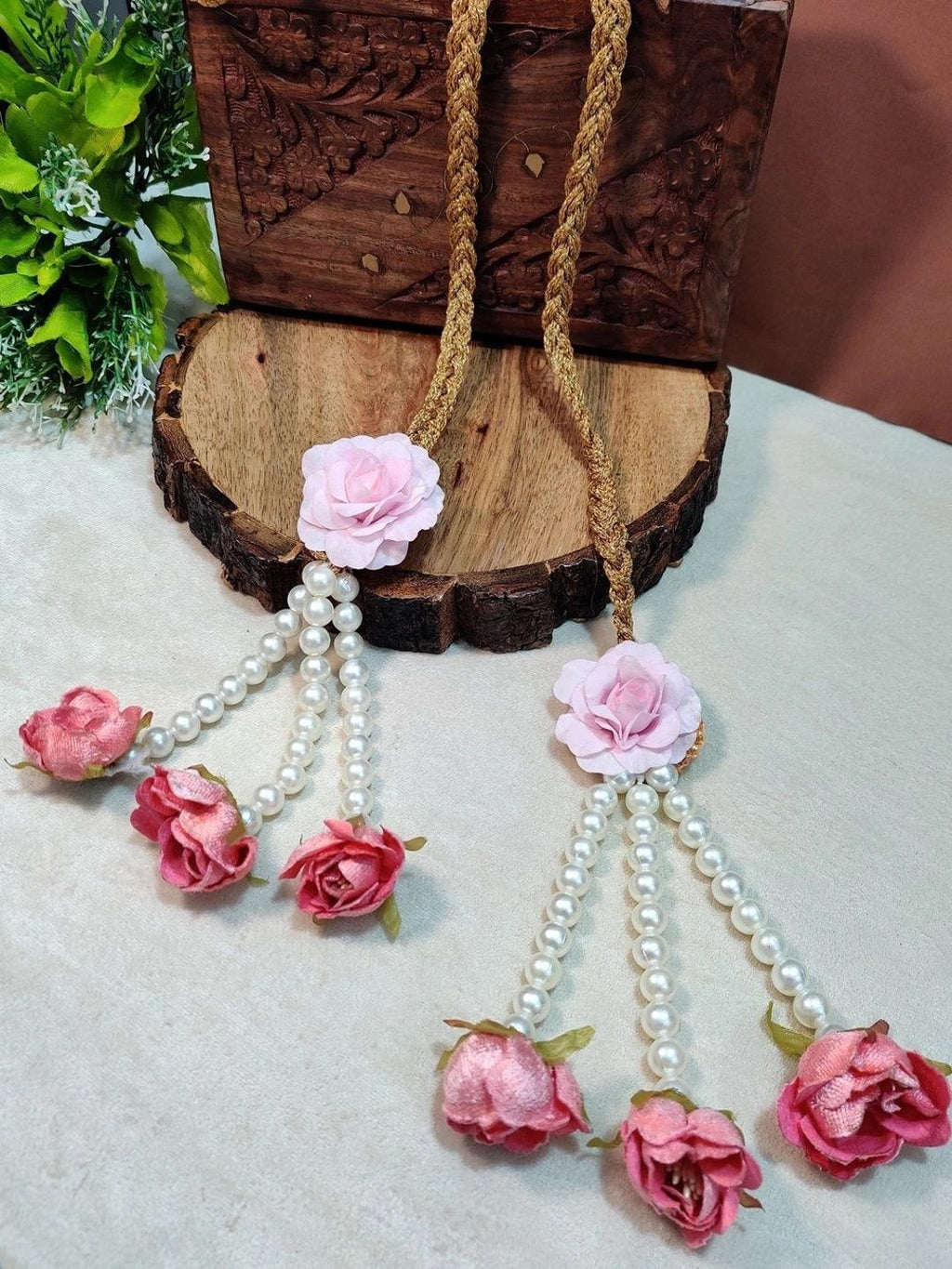 Pearl & Flower Punjabi Choti Paranda Ponytail Braid Holder – Pink