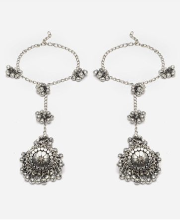 Set Of 2 Silver-Plated Beaded Ghungroo Toe Ring Oxidized Anklets