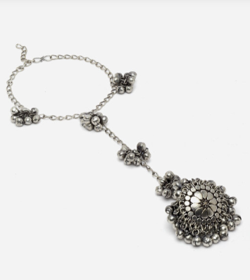 Set Of 2 Silver-Plated Beaded Ghungroo Toe Ring Oxidized Anklets
