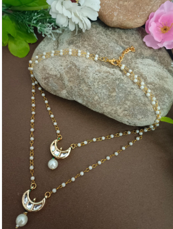 Gold-Plated Kundan Studded Crescent Moon Charms Layered Collor Pearl Necklace