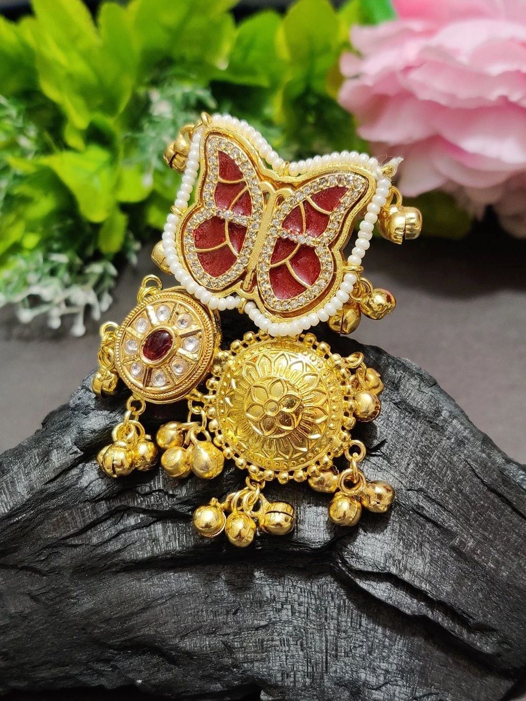 Gold-Plated Kundan Butterfly Adjustable Ghungroo Finger Ring – Red