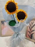 Handmade Crochet Sunflower Bouquet, Set of 2, with Pearl Ribbon Wrap – Yellow