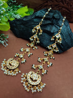 Gold Plated Kundan Studded Chandbali Earrings with Sahara Earchains