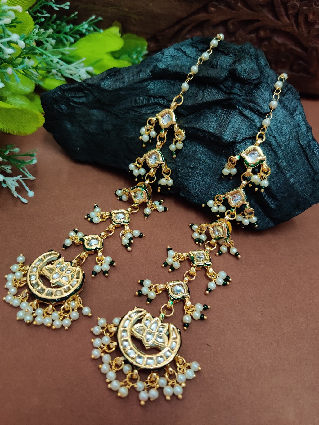 Gold Plated Kundan Studded Chandbali Earrings with Sahara Earchains
