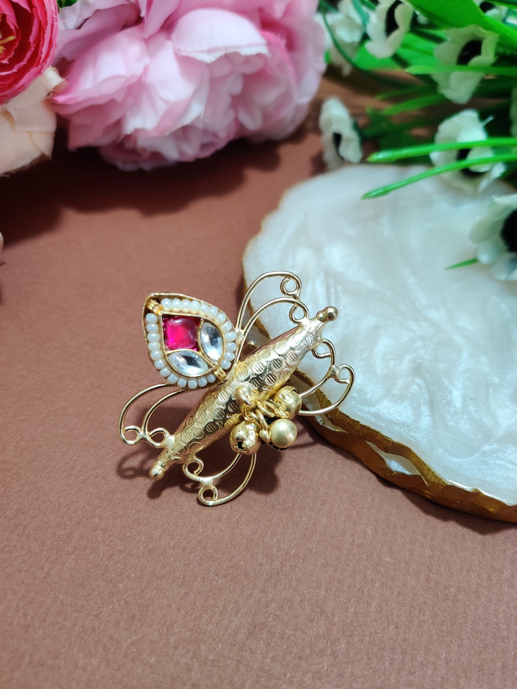 Brass-Plated Pachi Kundan Butterfly Design Adjustable Finger Ring