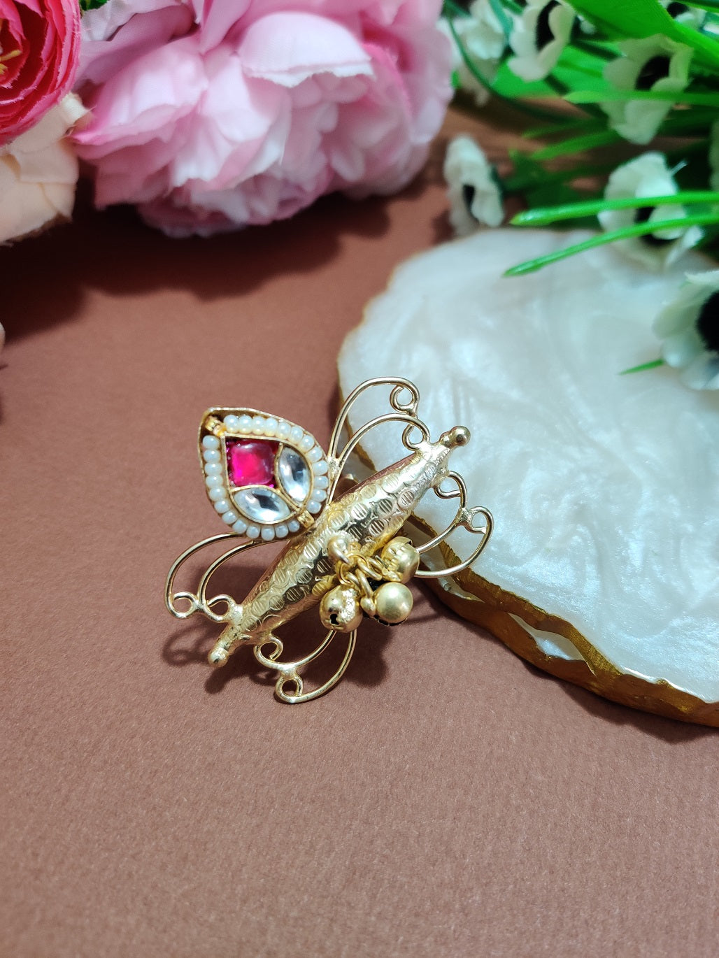 Brass-Plated Pachi Kundan Butterfly Design Adjustable Finger Ring