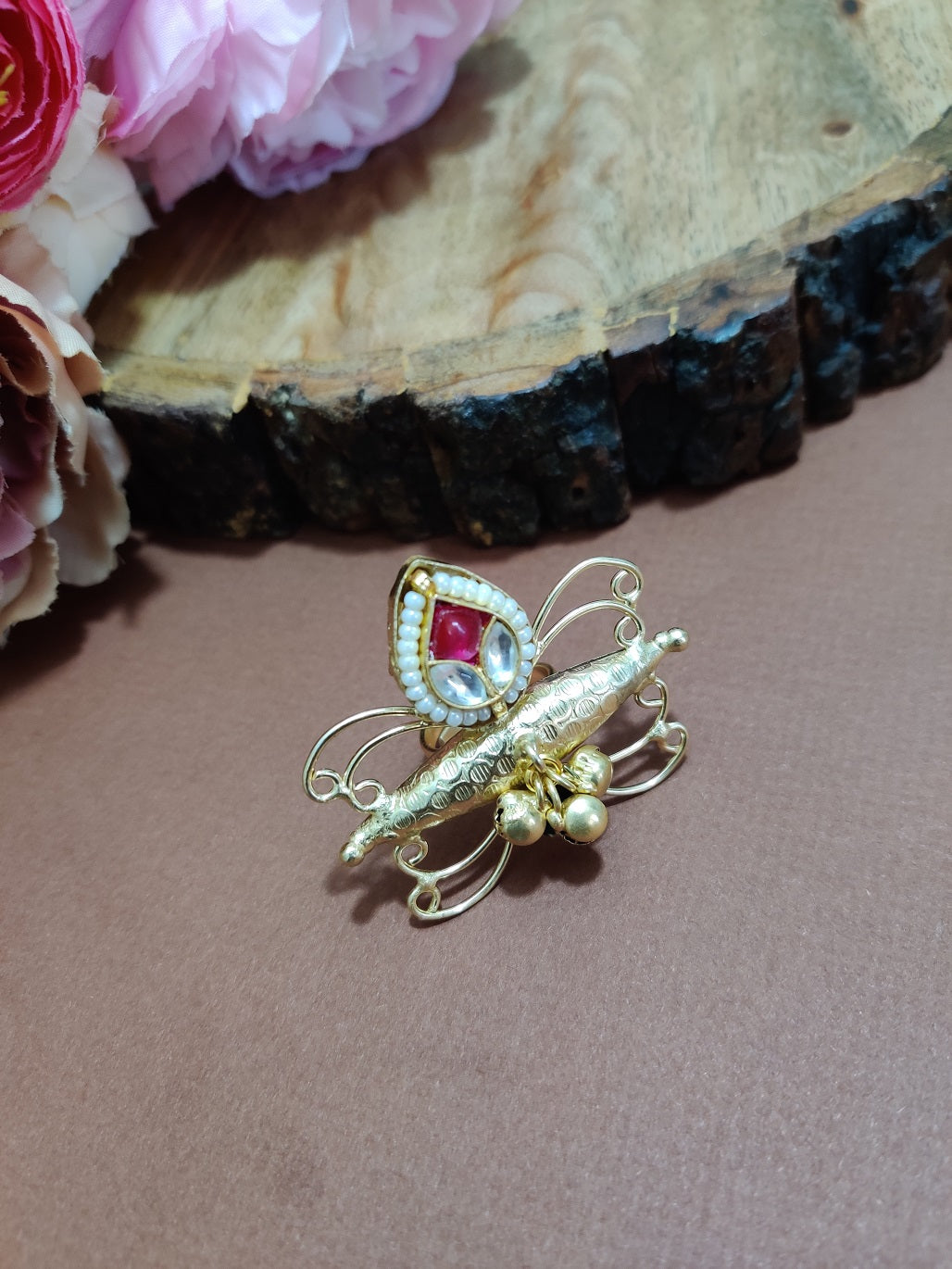 Brass-Plated Pachi Kundan Butterfly Design Adjustable Finger Ring