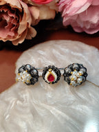 Silver-Plated Oxidised Pearl & Kundan Studded Adjustable Multi Finger Ring