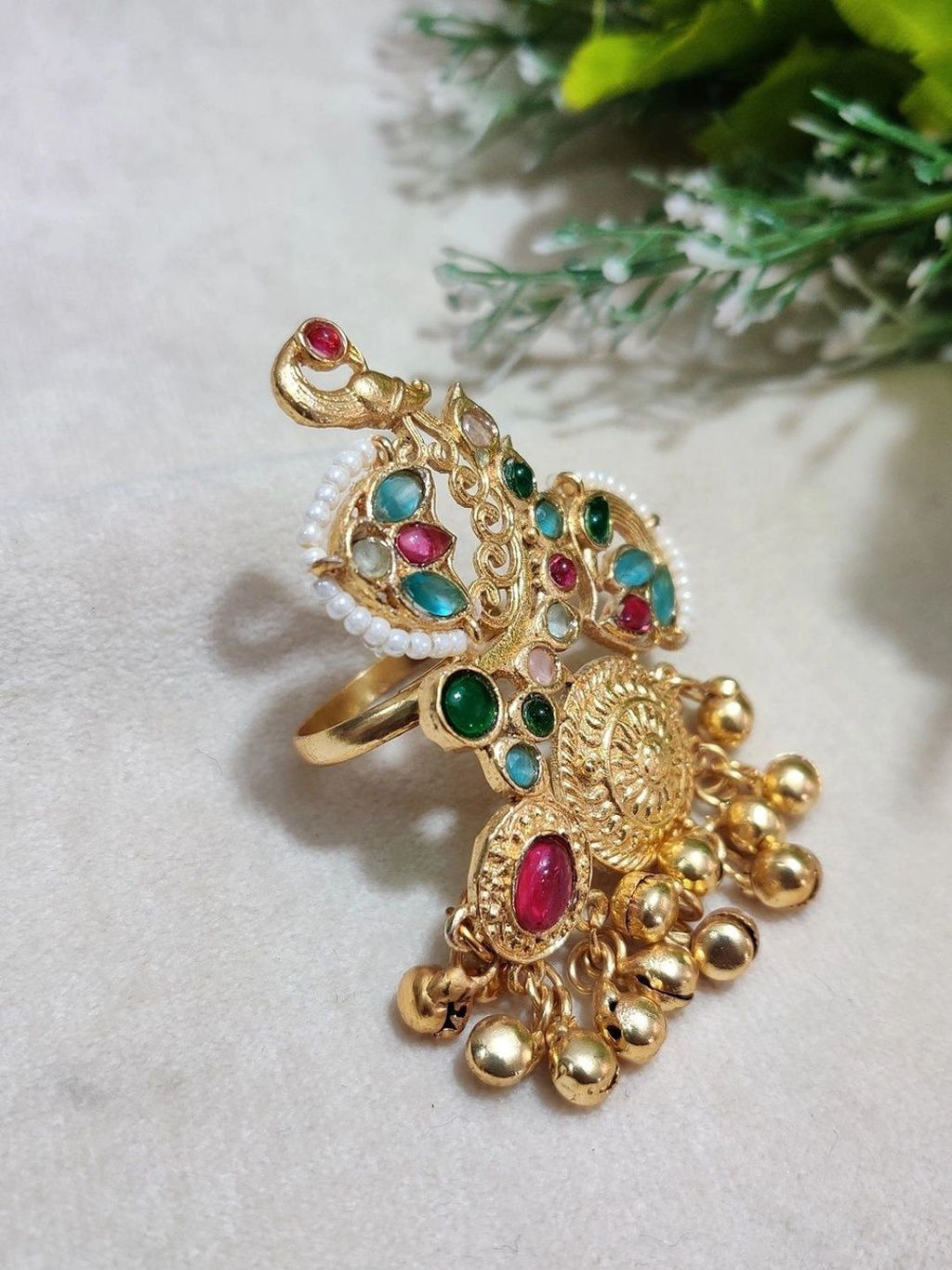 Gold-Plated Temple Stone Studded & Beaded Finger Ring