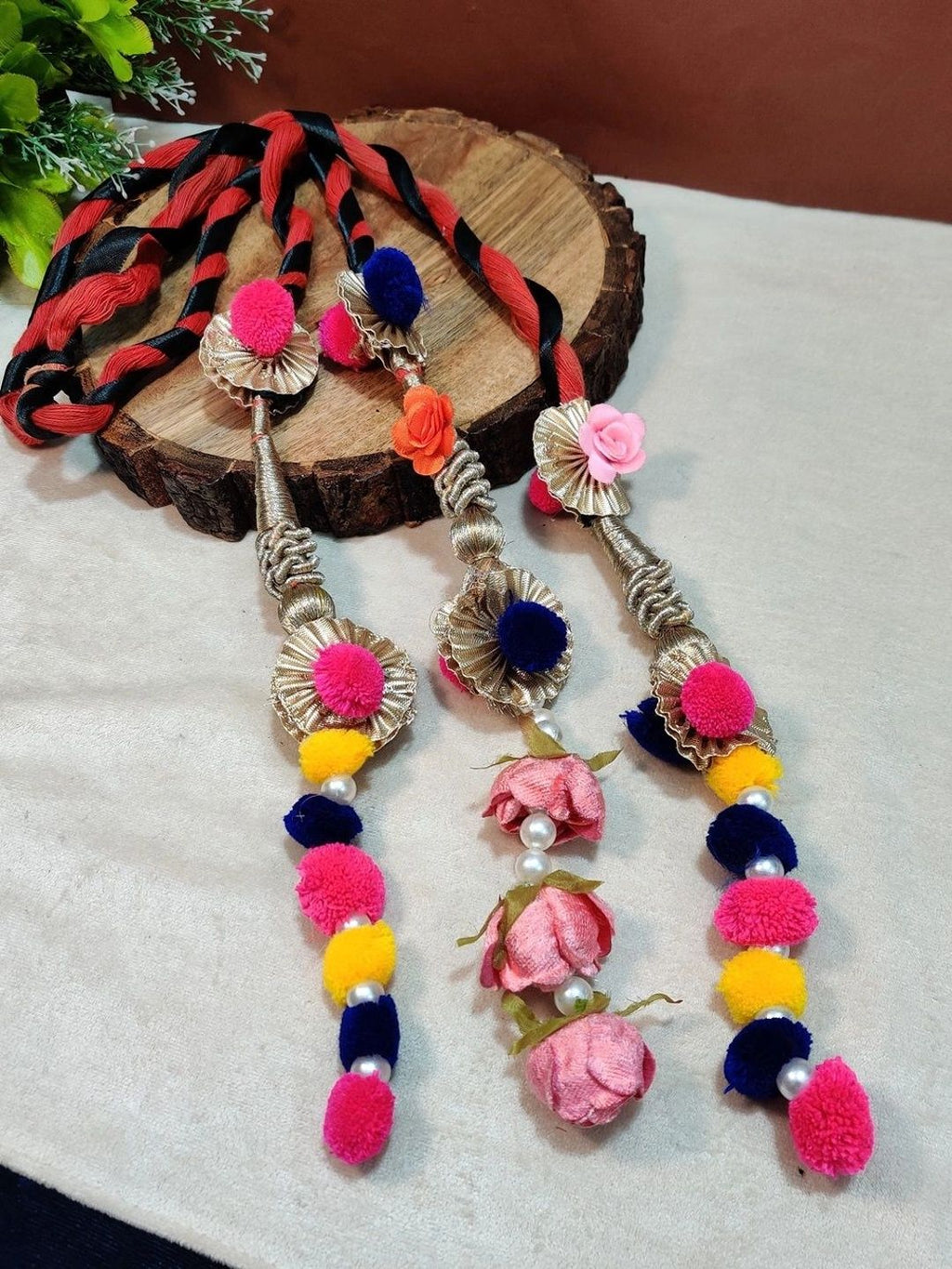 Lace & Gota Flower Punjabi Choti Paranda Ponytail Braid Holder – Multicolour
