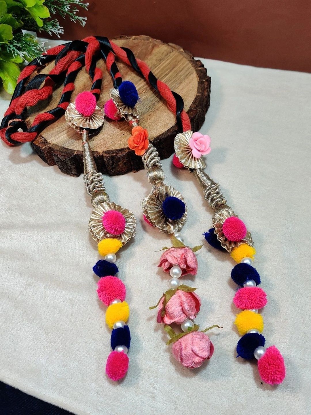 Lace & Gota Flower Punjabi Choti Paranda Ponytail Braid Holder – Multicolour