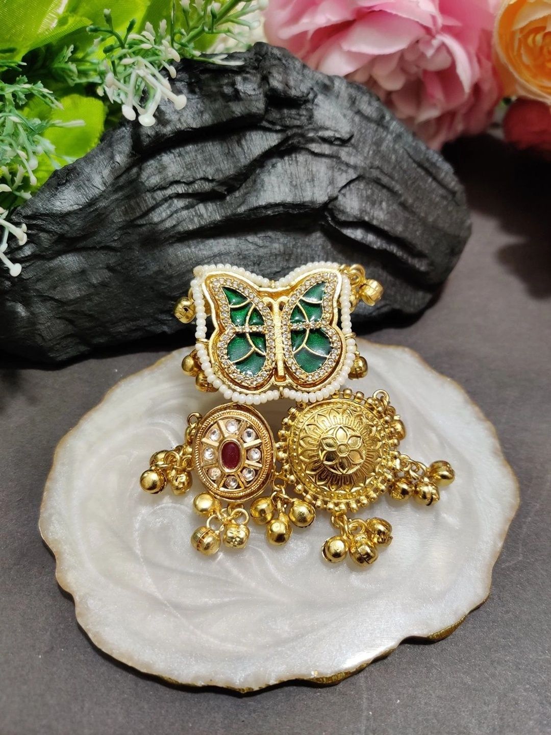 Gold-Plated Kundan Butterfly Adjustable Ghungroo Finger Ring – Green