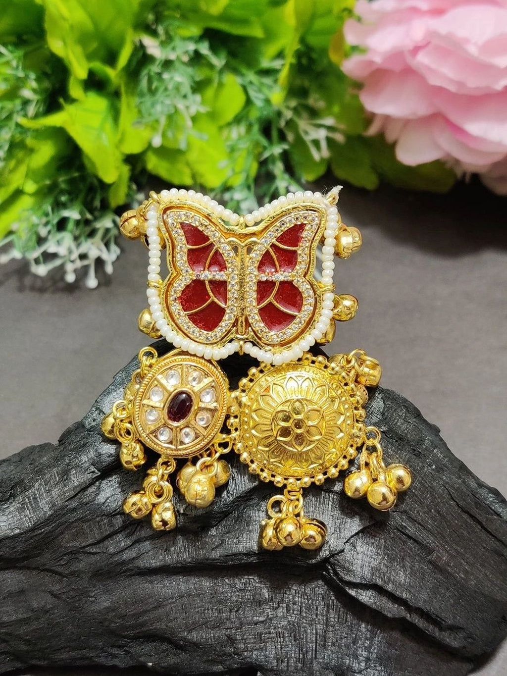 Gold-Plated Kundan Butterfly Adjustable Ghungroo Finger Ring – Red