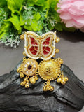 Gold-Plated Kundan Butterfly Adjustable Ghungroo Finger Ring – Red