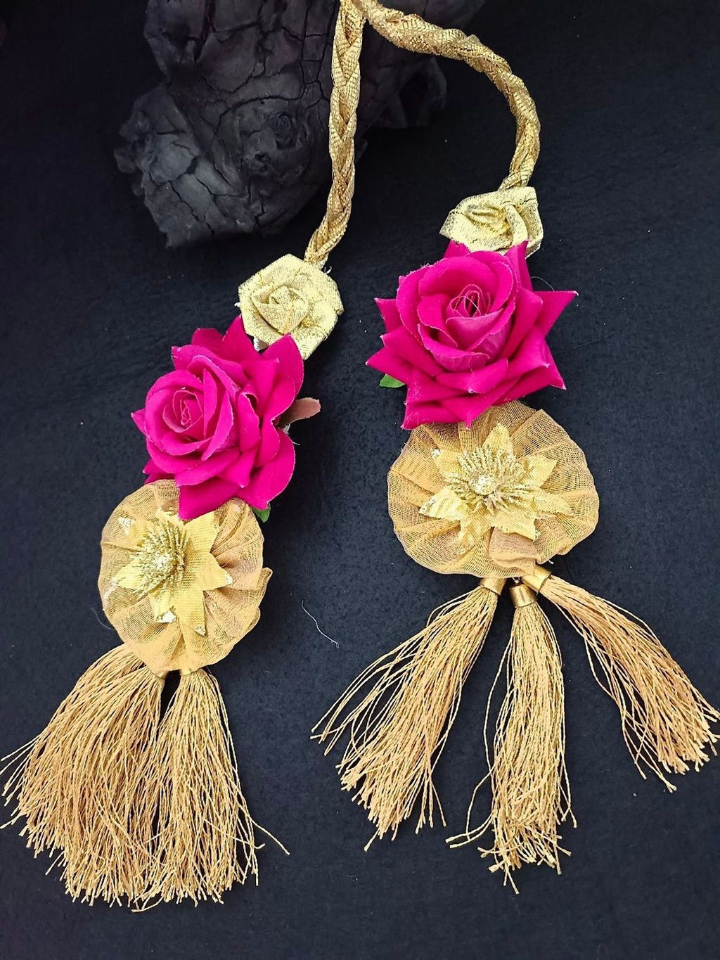 Lace & Gota Flower Choti Paranda Ponytail Braid Holder – Gold & Pink Rose