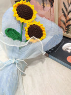 Handmade Crochet Sunflower Bouquet, Set of 2, with Pearl Ribbon Wrap – Yellow