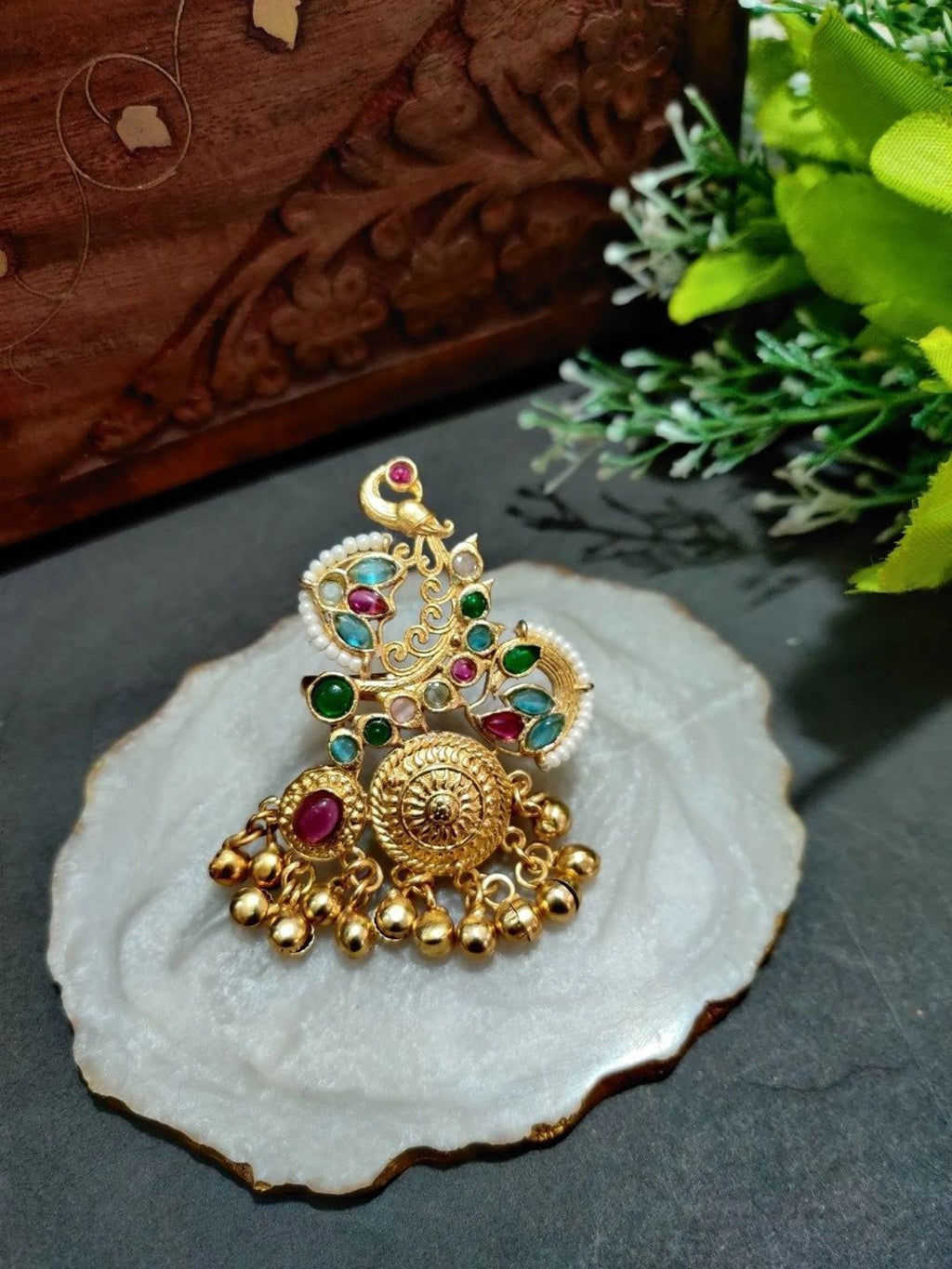Gold-Plated Temple Stone Studded & Beaded Finger Ring